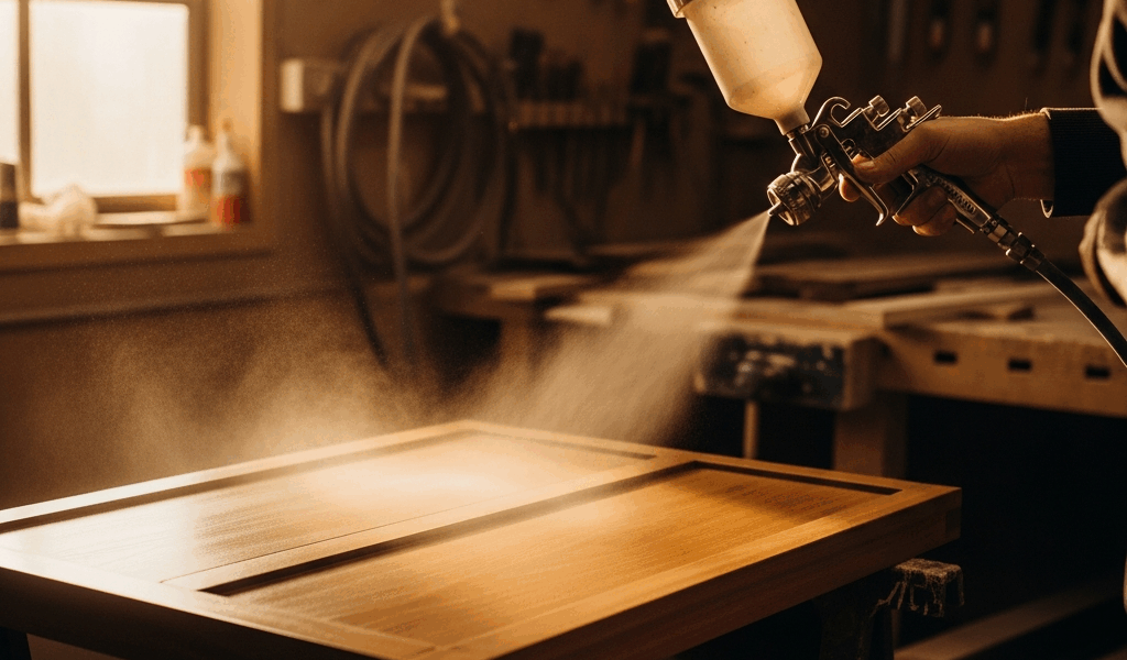 hvlp spray gun spraying lacquer finish on wooden furniture d 20260331 100544