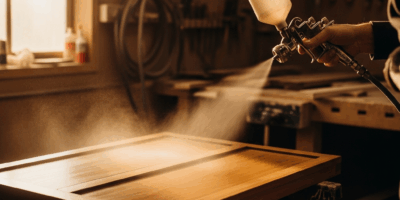 hvlp spray gun spraying lacquer finish on wooden furniture d 20260331 100544