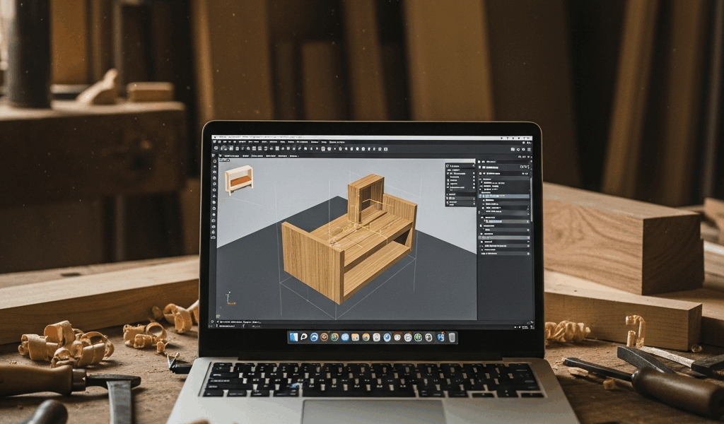 woodworking cad software on laptop screen showing 3d furnitu 20260331 100553