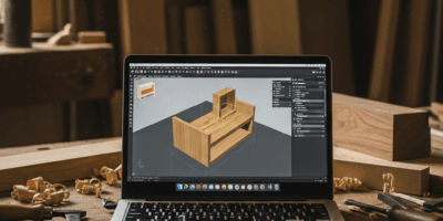 woodworking cad software on laptop screen showing 3d furnitu 20260331 100553