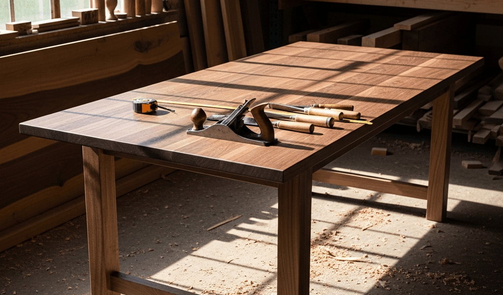 handcrafted wooden dining table in artisan workshop