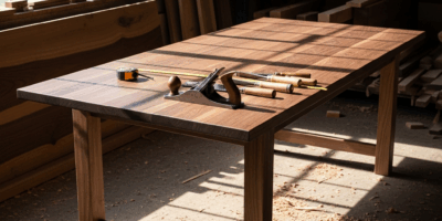 handcrafted wooden dining table in artisan workshop