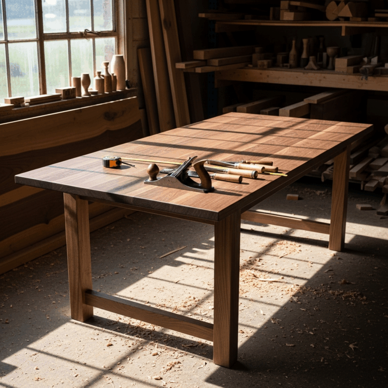 handcrafted wooden dining table in artisan workshop
